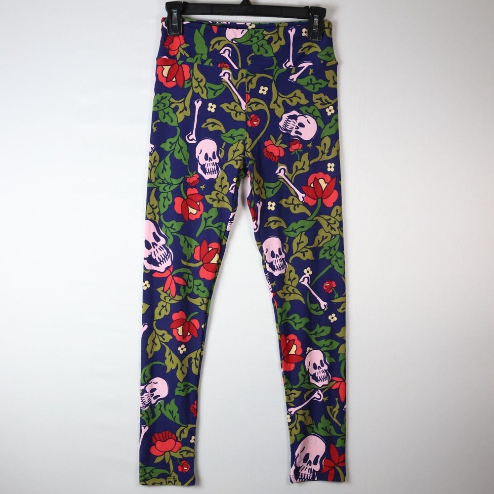 Lularoe OS‎ One Size Leggings Pink/Blue/Green Skulls Roses Floral